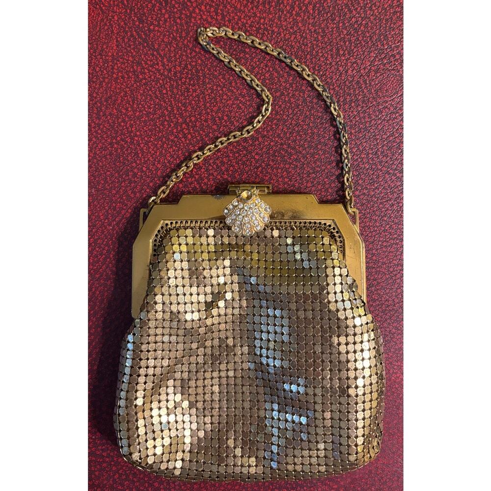 Antique WHITING & DAVIS 1930s Gold Mesh Purse With Ornate Rhinestone Clasp - Picture 8 of 13